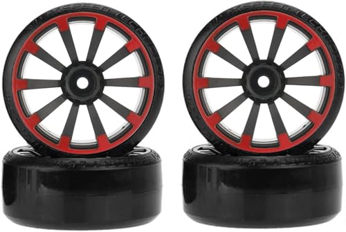 Hard Plastic 63mm Drift Car Tyres 12mm Wheels for 1/10th Scale HSP Tamiya HPI Kyosho TT02 Road Drift Car Hard Tyre Replacement, Set of 4 (Black/Red) - color: Black/Red