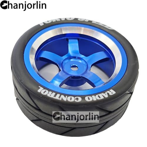 1/10 On Road Racing Tires And 5-Spoke Aluminum Wheels 12mm Hex OD 2.56" RC Touring Tyres For 1:10 Rally Street Drift Car Tamiya TT01 TT02 XV01 A959 PTG2 KYOSHO HSP Traxxas 4PCS (Blue) - color: Blue