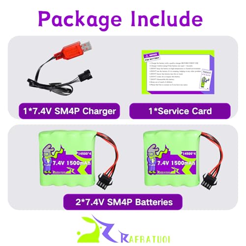 7.4V 1500mAh SM4P Plug Batteries for DEERC DE36W,Bluejay Remote Control Car, DE65 1809 RC Cars / DE36,2.4GHz High Speed RC Cars Toys, 1:12 Monster RC Truck Off Road with Charger