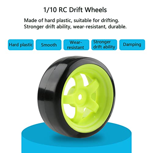 1/10 RC Drift Tires & Wheels, Fluorescent Green | Hard Plastic Drift Tires, 12mm Hex Rims, For HSP Redcat HPI Tamiya MST, Includes 8 Lock Nuts & Tool - color: Green