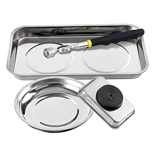 3 Pieces Magnetic Trays with 8LBs Telescoping Magnetic Pick-up Tool Set, 9.5" and 3.7" Rectangle, 6" Round Bowl Stainless Steel Magnet Parts Tray for Screws, Mechanic's - size: 9.5" 3.7" 6"+8LB Pickup