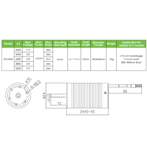 2445 5600KV Brushless Motor Shaft Diameter 3.175MM Connector 3.5MM for 1/14 1/16 Scale On-Road Buggy Monster RC Car