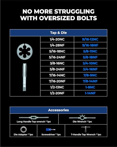 toolant 45-Piece SAE Tap and Die Set, 1/4"-1" | Large SAE taps and dies, 9/16 to 1-inch range, round dies, internal and external threading, extension handle - size: 45pcs SAE (1/4"-1")