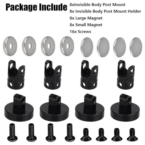 8pcs Magnetic Invisible Body Post Mounts for 1/8 1/10 Scale RC Cars Black Aluminum Alloy Stealth Design Easy Installation