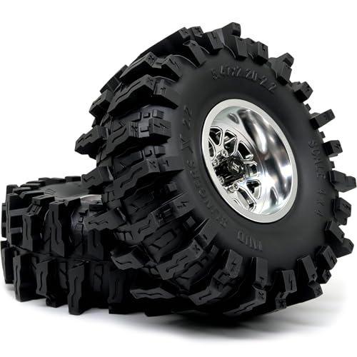 HOBBYSOUL 5.47'' Tall Mud Slingers X RC Crawler 2.2 Wheels Tires,4-Pack | -11mm negative offset silver beadlock wheel rims,T8 Compound Tire, For 1/10 RC Crawlers Truck Upgrades - color: Silver, size: 139mm / 5.47inch Tall