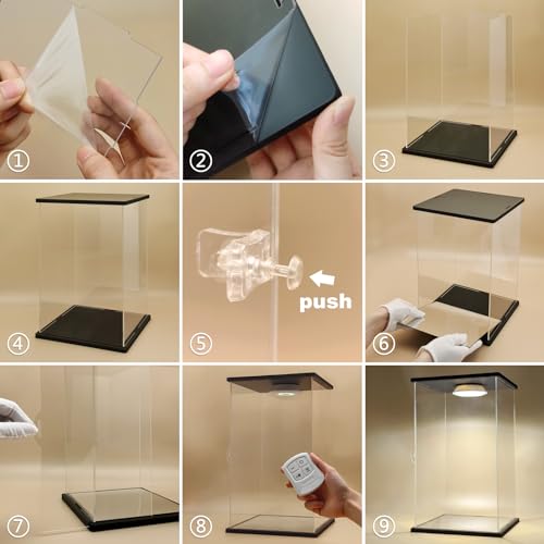 NONEMEY Clear Acrylic Display Case with Remote Control Light for 400% Pop Mart,Dustproof Model Showcase Organizer Box, Display Case for Collectibles (9.8x9.8x13.8inch,25x25x35cm) - size: 9.4×9.4×13.7 inch, 24×24×35 cm