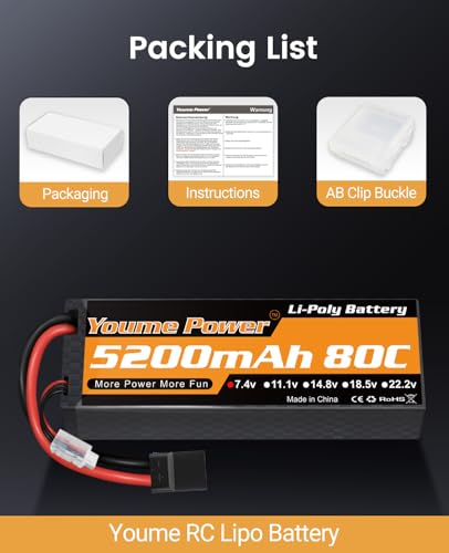 Youme 2S Lipo Battery 7.4V 5200mAh 80C Hardcase Tr for RC Truck Boat 2pcs | 7.4V RC Lipo Batteries 5200mAh 80C Hard Case for Most 1/8 1/10 RC Car/Vehicle/Truck/Buggy Boat Drone Models