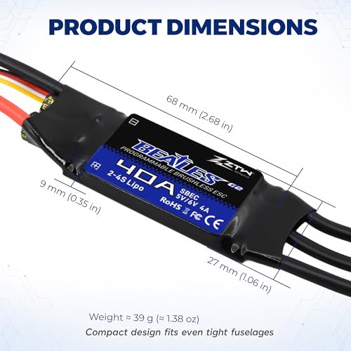 ZTW Beatles G2 40A ESC 2-4S Built-in Switching BEC 5V/6V 4A Brushless Speed Control for RC Airplane Aircraft Fixed-Wing - size: 40A