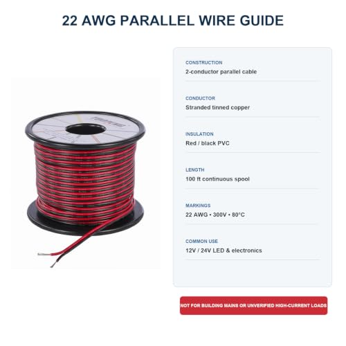 TUOFENG 22 AWG 2 Conductor Wire, 100 ft Red Black PVC Cable for LED - size: 22 AWG 2 Parallel PVC Wire 100ft