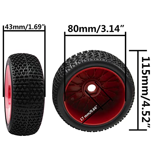 ShareGoo OD 4.52" 1/8 RC Buggy Rubber Tires Tyre w/Plastic Rim 17mm Hex Compatible with Arrma Kyosho Exceed RC Traxxas Redcat HSP HPI 1/8 Scale Off Road Car Buggy (Red) - color: Red