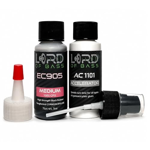Lord of Bass CA Glue Kit with Activator, 1oz, Black Rubber Toughened, Medium 1000 CPS, for Speaker Repair, RC Tire, Woodturning, Hobby, Made in USA