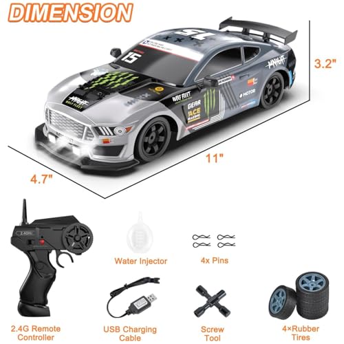 Dollox Remote Control Car 1/16 Scale RC Drift Car 2.4GHz 4WD High Speed 18+KM/H Vehicle with LED Lights and Spray, Extra Drifting Tires Racing Vehicle Toys Birthday Gifts for Adults Boys, 2 Batteries - color: Grey