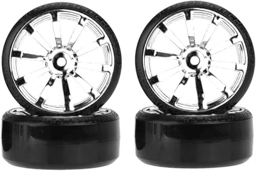 Hard Plastic 63mm Drift Car Tyres 12mm Wheels for 1/10th Scale HSP Tamiya HPI Kyosho TT02 Road Drift Car Hard Tyre Replacement, Set of 4 (Silver) - color: Silver