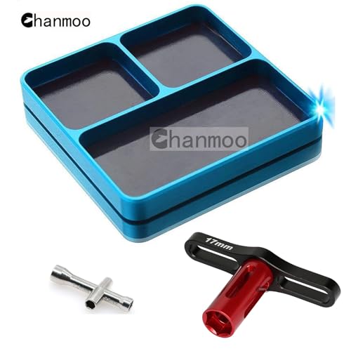Aluminium RC Screw Tray Nuts Storage Tools with Magnetic Pad and 17mm Hex Wheels Wrench & Small Cross Hex Wrench Sleeve Repair Set Kit for 1/8 1/10 Car HSP HPI Axial Airplane Boat (Sky Blue) - color: Sky Blue