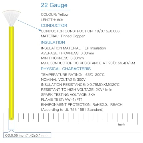 BNTECHGO 22AWG FEP Teflon Coated Wire Yellow 50ft Tin-Plated Copper | 22 Gauge Strands Wire High-Temp FEP Insulation, -65°C to 200°C Rated, Aerospace Wiring, Medical Wiring, Scientific Equipment - size: 50ft Yellow