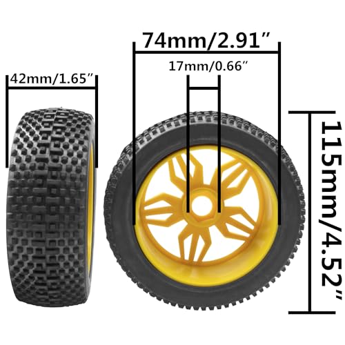 ShareGoo OD 4.52" 1/8 RC Buggy Rubber Tires Tyre w/ 5 Spoke Plastic Rim 17mm Hex Compatible with Arrma Kyosho Exceed RC Traxxas Redcat HSP HPI 1/8 Scale Off Road Car Buggy (Yellow) - color: Yellow