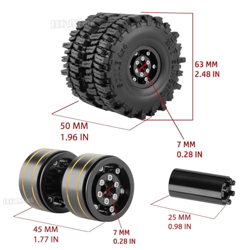 Brass 1.0 Beadlock Wheel and Tires with Adjustable Offset for 1/18 Trx4m,1/24 SCX24 RC Crawler Car,RC Brass 1.0" Dually Beadlock Rims Wheels,RC Truck Tires,4pcs