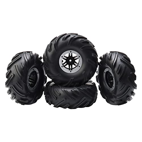 4-Pack RC 2.2" Tires & 12mm Wheel Rims, Silver | Inflatable OD 140mm, Mud Badland Tractor Tread Tyres, Lock Nuts, 1/10 Rock Crawler Monster Truck, Traxxas Maxx Axial RC4WD - color: Silver