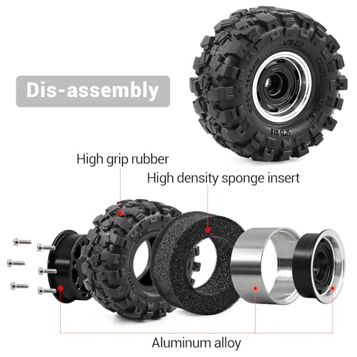 1.0" Beadlock Aluminum Wheels and 57mm Soft Rubber Tires | for SCX24, TRX4M, Ascent 18, FCX24, 1/18 1/24 RC Crawler, 7mm Hex, 0mm Offset, with Foam Inserts, (Black 101) - color: Black 101