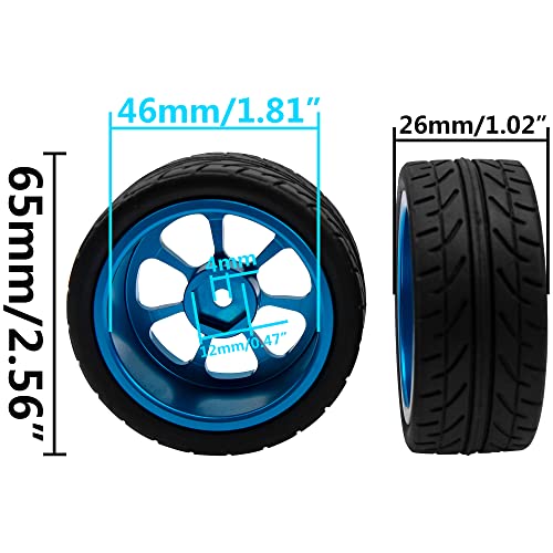 Metal Wheel Rims 12mm Hex Hub & OD 2.56" Rubber Tires Compatible with Tamiya HPI Kyosho HSP Redcat Exceed RC 1/10 On-Road Touring Car WLtoys 1/14 144001 (Dark Blue)