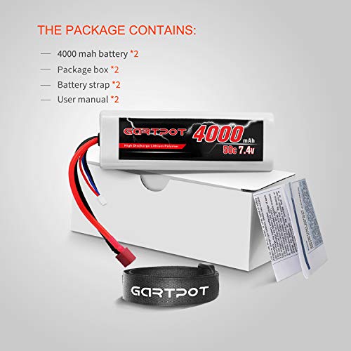 2S 4000mAh 7.4V 50C RC LiPo Battery Hardcase with T Plug for Tamiya TT01 TT02 RC Vehicles Truck Losi Slash Buggy Racing Hobby (2 Pack)