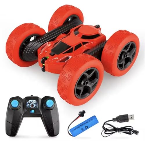 RC Flip Stunt Car Double-Sided 4x4 360 Degree Rotate, unixes (Red) | 2.4GHz Remote Control, Roll & Walk Stunts, Rechargeable Battery, Ages 6 and Up, TRP Vacuum Tires - color: Red