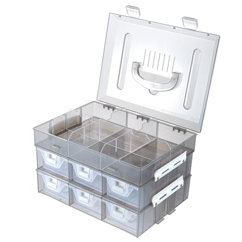 MyGift 11 Inch Smoke Gray Transparent Arts and Crafts Sewing Supplies Storage Organizer Case with White Accents, 24 Customizable Compartments, and 6 Drawers with Removable Dividers - color: Grey