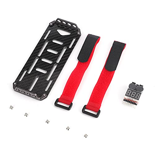 RC Battery Mounting Plate Set, RC Battery Tray with Electricity Tester, Carbon Fiber Batteries Mount Plate with Strap Replacement for SCX10 1/10 Crawler Car, 6x2.4x0.6in