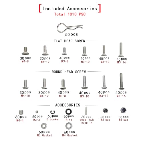 1010PCS Universal RC Screw Kit Screws Assortment Set 304 Stainless Steel Screws Assortment Set, for Traxxas Axial Redcat HPI Arrma SCX10 Losi 1/8 1/10 1/12 1/16 Scale RC Cars Trucks Crawler
