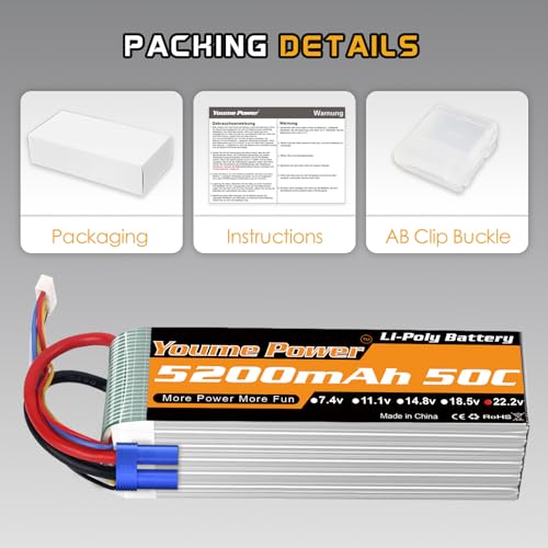 Youme 6S Lipo Battery 22.2V 5200mAh 50C EC5 Plug 2Packs for RC Car Truck | 22.2V 6S lipo battery softcase 50C EC5/XT90 plug for 550/600/700 RC Airplane Helicopter,1/7 1/8 RC Car Truck, 70-90mm EDF jet