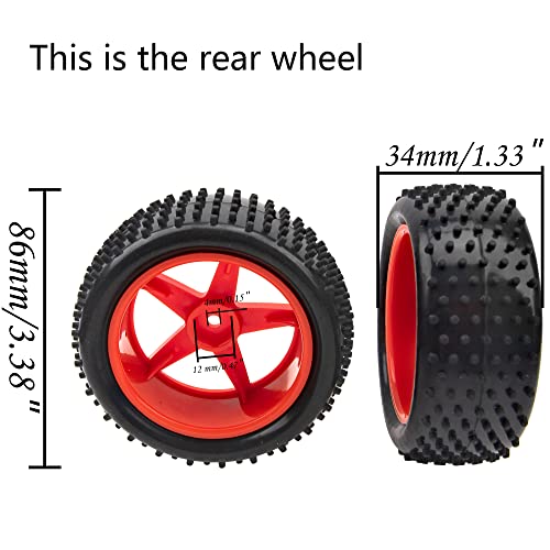 4Pack HIRCQOO OD 88mm/3.46" Front & Rear Rubber Plastic Wheel Rims Tires 12mm Hex Hub Compatible with Redcat Tornado Shockwave HPI HSP ExceedRC Kyosho 1/10 Scale Off Road Buggy (Orange) - color: Orange