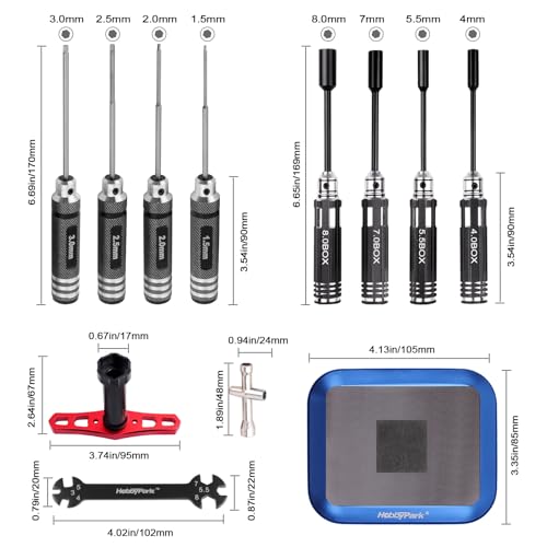 Hobbypark Hex Driver Set (1.5mm 2.0mm 2.5mm 3.0mm), Hex Nut Driver Set(4.0/5.5/7.0/8.0mm) Screwdriver Kit, 17mm Wheel Wrench, RC Screw Tray, Turnbuckle Wrench, RC Repair Tools Kit for RC Cars