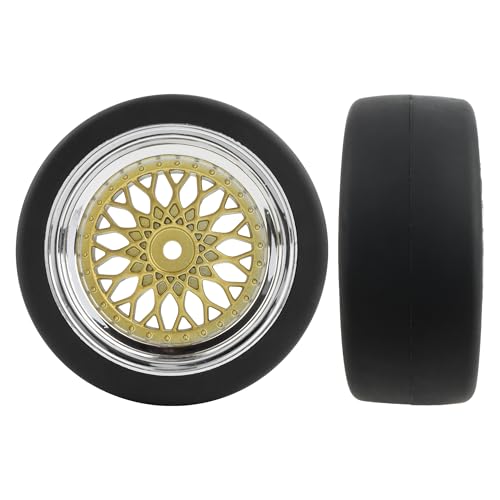4-Pack RC 1/10 Scale On Road Slick Tires OD2.55 Rubber Wheel Rims 12mm Hex Compatible with Traxxas 4 Tec 2.0 Tamiya TT01 XV01 Kyosho WR8 Sakura WLtoys HPI Touring Racing Car (Gold)