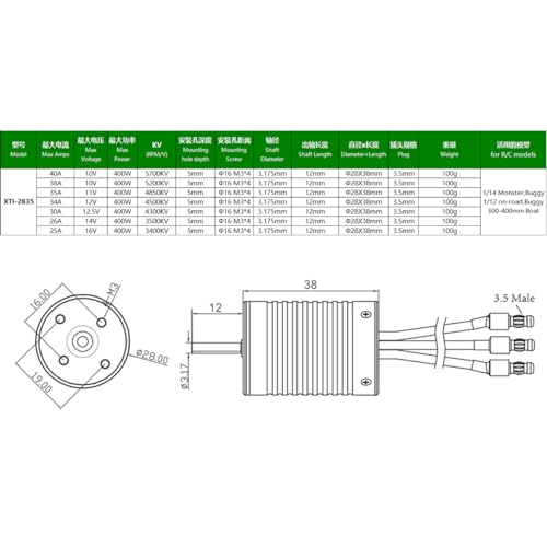 2835 5200KV Brushless Motor Shaft Diameter 3.175MM Connector 3.5MM for 1/12 1/14 Scale On-Road Buggy Monster RC Car