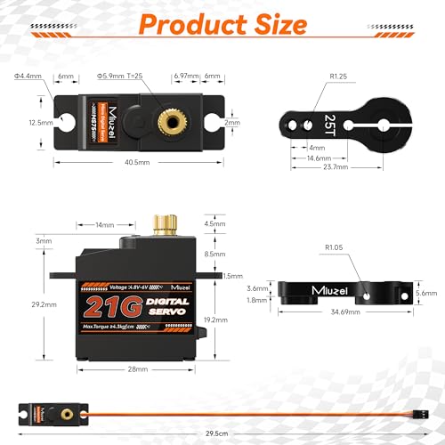 Micro Servo Motor 21G Metal Gear Steering for 1/16 1/14 RC Car 2Pcs | 4.3kg·cm Torque, 0.08sec/60°Speed. Mini Small Digital, 25T Horn, for Airplane Helicopter Plane Robot Boat Fixed-Wing.