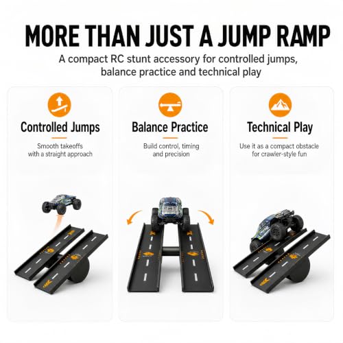 RC Car Ramp, 3 Ways to Play RC Jump Ramp for 1/16 1/14 1/12 1/10 RC Cars, Includes Metal Ground Stakes, Compact Stunt Ramp for Controlled Jumps, Balance Play and Backyard RC Fun