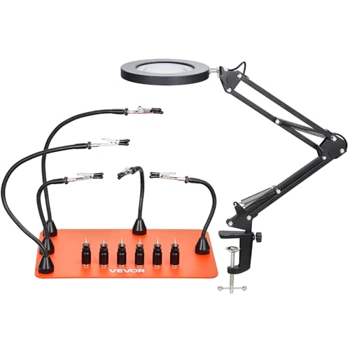 VEVOR Magnetic Helping Hands Soldering Station, 2-In-1 Third Hand Soldering Tool - 3X LED Magnifying Lamp & 5 Flexible Arms, 6 PCB Holders, Heavy-Duty Base Station for Electronic Repair Craft Hobby - style: 11*7in Large Base with Light and Holders