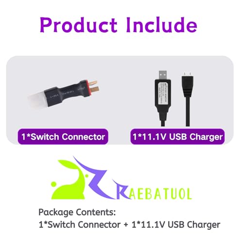 RC Battery Accessory Kit,No Wires Tamiya Male (White) Connector Switch to Deans T Female (red) Adapter, for Remote Control Toy Boat FPV Drone Car etc - 1 Pcs with 11.1V USB Charger Cable