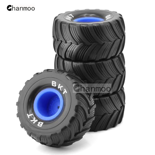 1/18 RC Monster Truck Tires and Hard Plastic Wheels Rims 12mm Hex 1/10 Rubber Buggy Off Road Tyres OD 100mm for 1/16 1/12 1/14 Scale Truck Car Traxxas E-REVO HSP HPI Tamiya Losi 4PCS (Bule) - color: Bule