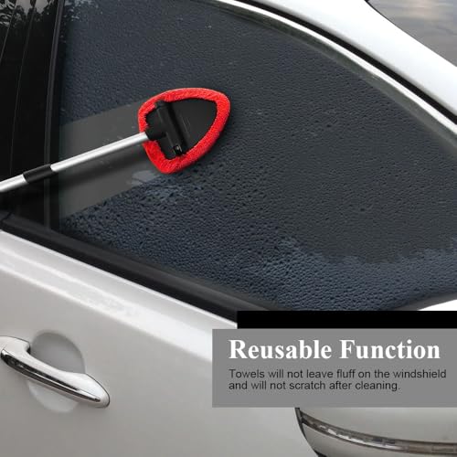 Windshield Cleaning Tool, Car Window Cleaner, Windshield Cleaner with 4 Washable Reusable Microfiber Pads and Extendable Handle, Auto Glass Wiper Cleaning Kit Universal for Car (Red) - color: Red
