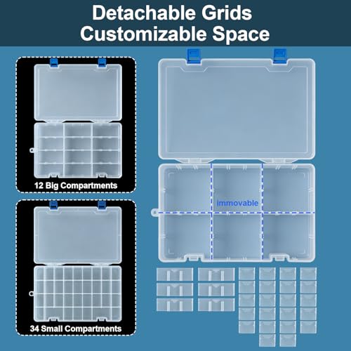 Qualsen 3 Pack 34 Grid Plastic Organizer Box with Adjustable Dividers, Fishing Tackle Box and Bead Organizer Box for Jewelry, Screw, Earrings, Art Craft, Tools, Fishing Hooks, and Small Accessories - size: 34 Gird-3pcs