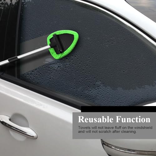 Windshield Cleaning Tool, Car Window Cleaner, Windshield Cleaner with 4 Washable Reusable Microfiber Pads and Extendable Handle, Auto Glass Wiper Cleaning Kit Universal for Car (Green) - color: Green