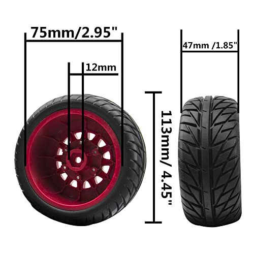 4Pack Vgoohobby 4.45" 1/10 RC Off-Road Car Rubber Tires & Plastic Wheels Rim Compatible with Traxxas Arrma Redcat Tamiya HPI Kyosho 1/10 RC Off-Road Buggy Short-Course Truck (Red,Style 2 Tire-Skin)