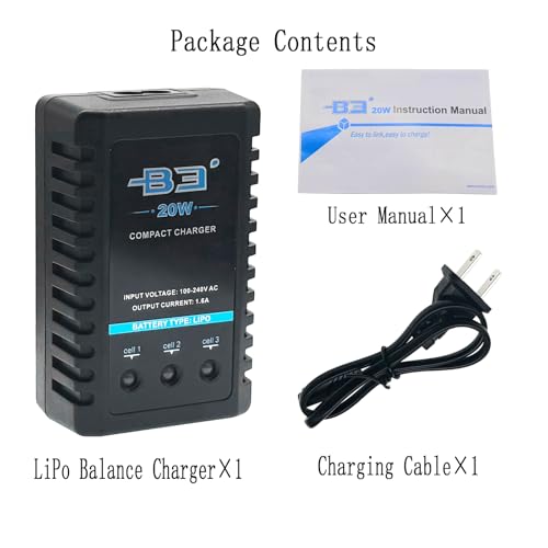 B3 Lipo Battery Charger 2S-3S RC Balance Charger with XH3P XH4P Plug for RC Car Batteries Drone Boat Airplane Truck Quadcopter Airsoft SCX24 SCX10(AC 7.4-11.1V 20W 1.6A)