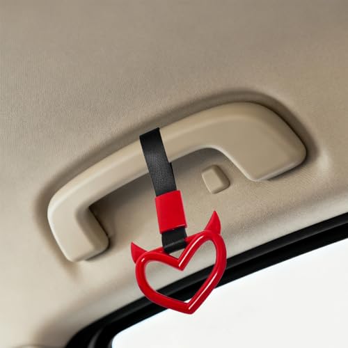 2PCS Car Devil Heart Handle Ring, Cute Heart-Shaped Vehicle Rear Bumper Waring Loops, Automotive Grab Handle Strap Drift Charm Decoration, Universal Fit (Red/Black) - color: Red/Black