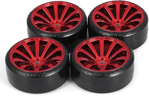 Hard Plastic 63mm Drift Car Tyres 12mm Wheels for 1/10th Scale HSP Tamiya HPI Kyosho TT02 Road Drift Car Hard Tyre Replacement, Set of 4 (Red) - color: Red