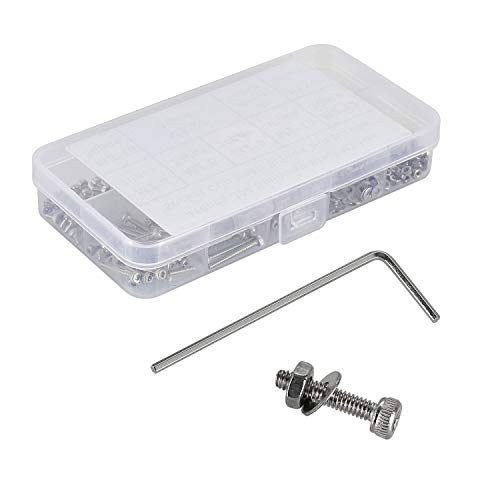 410Pcs Tiny Hex Socket Head Cap Screws Bolts, 304 Stainless Steel M2 x 4/6/8/10/12/16/20mm, Micro Allen Head Machine Screws, Nuts and Washers Kit with Hex Wrench, Fully Threaded Pitch: 0.4mm - color: Silver-410Pcs M2 Socket Cap Head Screw-304