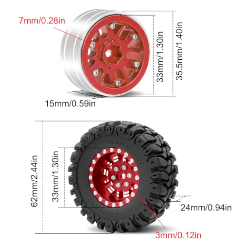 OGRC 1.3" Wheel and Tires 7mm Offset Beadlock Wheels for 1/24 1/18 RC Car | Aluminum, 7mm Hex, Soft and Sticky Tires, for TRX4M SCX24 RC Carwler Car, Red - color: Red