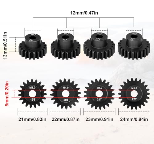 OGRC 1M 5mm Motor Shaft 19T 20T 21T 22T Pinion Gears Fits 1/8 1/10 RC Car | 4pcs, Hardened Steel, for Arrma Traxxas Axial HSP Redcat Losi RC Buggy