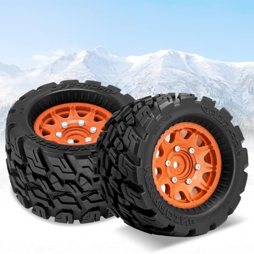 OGRC Wheels and Tires 12mm/14mm Hex RC Truck Tires with Foam Inserts for 1/10 Scale Arrma Granite Axial Losi Redcat Rc4wd RC Monster Truck Buggy (Orange)